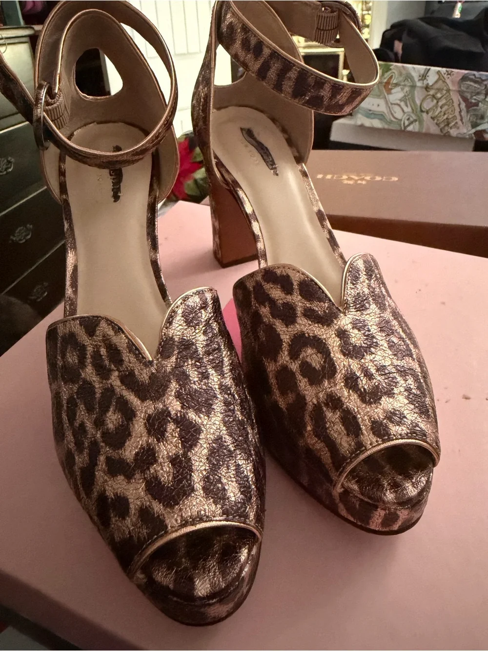 Leopard Print Platform Block Heel Sandals - Brown